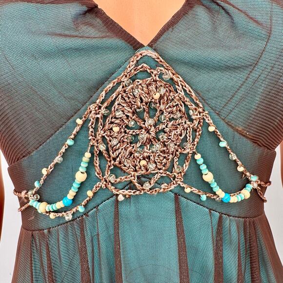 Fairycore Y2K Beaded Crochet Mesh Overlay Handkerchief Hem Midi Dress Size 6 - Picture 4 of 16